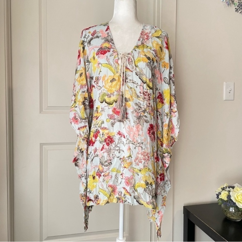 Z & L Floral Lace up Tassel Cover-Up Sarong Poncho size OZ NWT bohemian floral